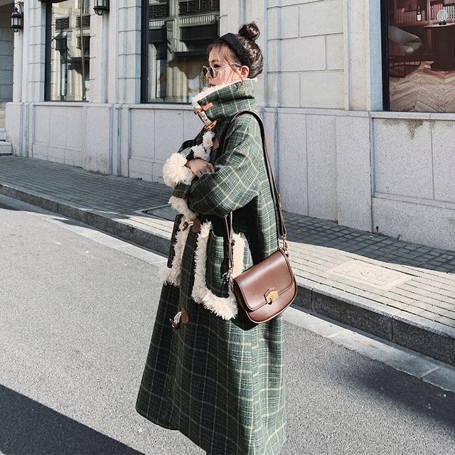 Tzarkozy-Stand Collar Plaid Long Toggle Coat