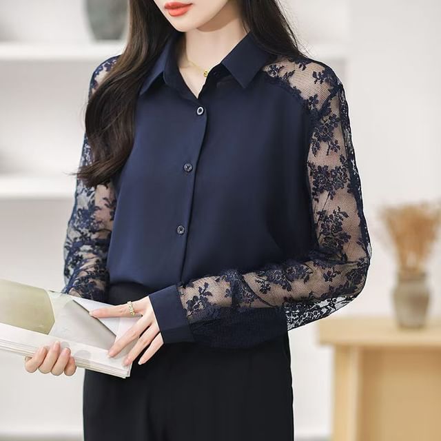 Everose-Long-Sleeve Collared Lace Panel Button-Up Plain Blouse