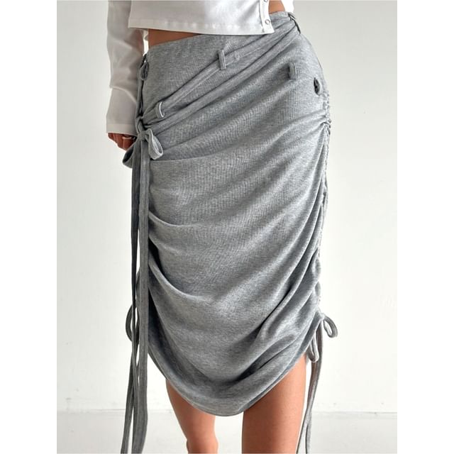 SeoulPop-High-Rise Plain Drawstring Irregular Midi Skirt