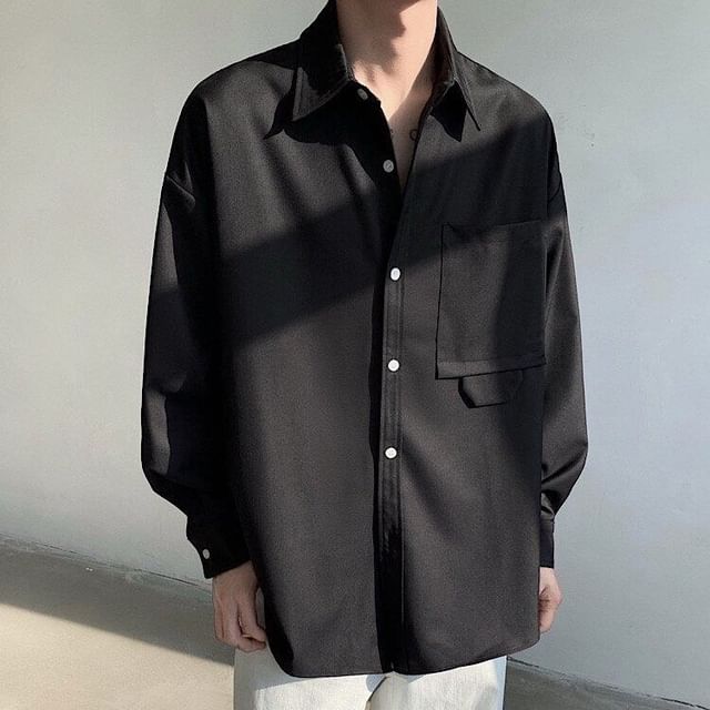 Orungeetun-Long Sleeve Collared Plain Shirt