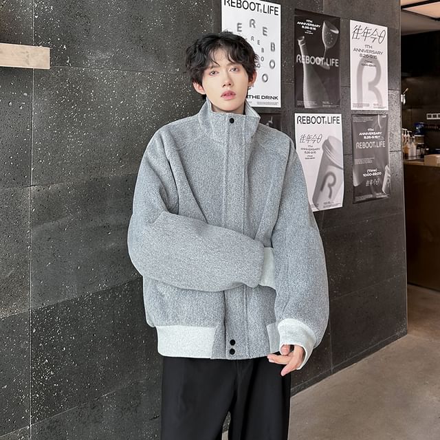 Freehop-Stand Collar Plain Zip Bomber Jacket