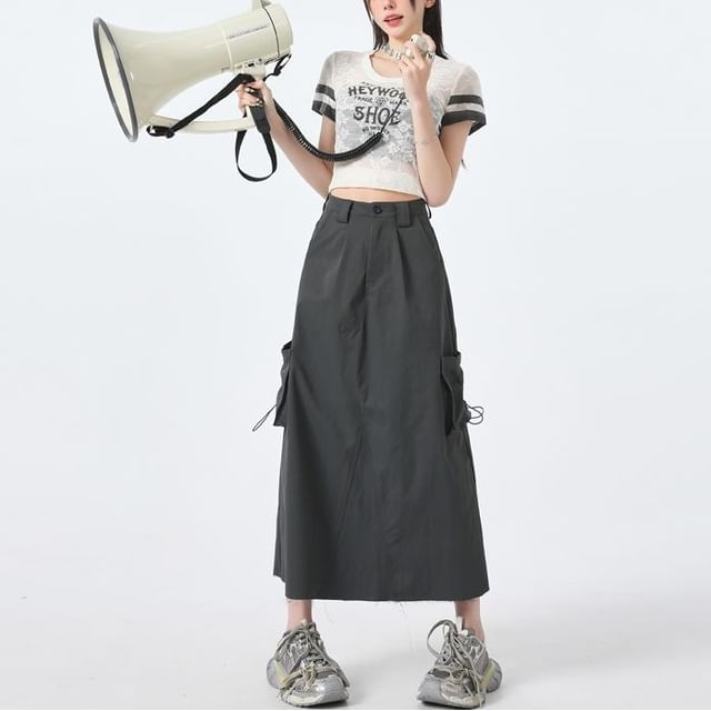 Denimot-High Rise Plain Maxi A-Line Cargo Skirt