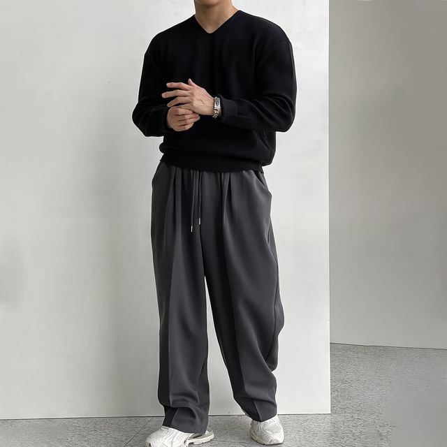 Okwano-Drawstring Waist Plain Loose Fit Pants