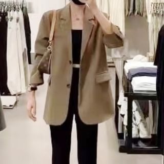 MIKIGA-Notch Lapel Plain Single-Breasted Blazer