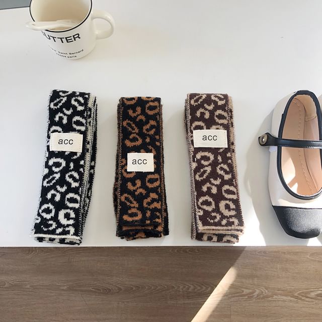 Frior-Leopard Patterned Knit Narrow Scarf