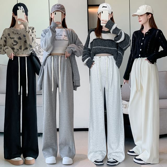 NEUF-Maternity Drawstring Waist Plain Wide Leg Pants