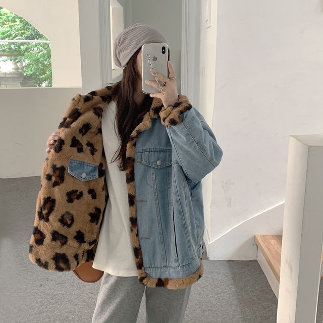 Sienne-Leopard Fluffy Button-Up Denim Jacket Print