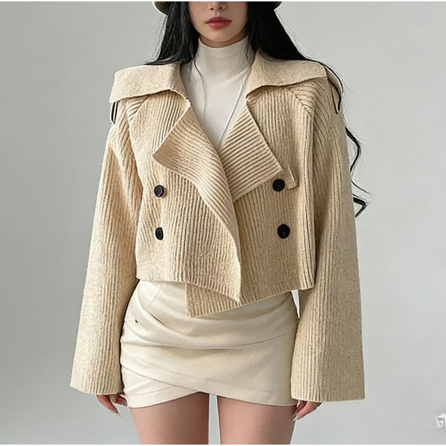 RainGirl-Flared-Sleeve Plain Ribbed Cropped Double-Breasted Cardigan