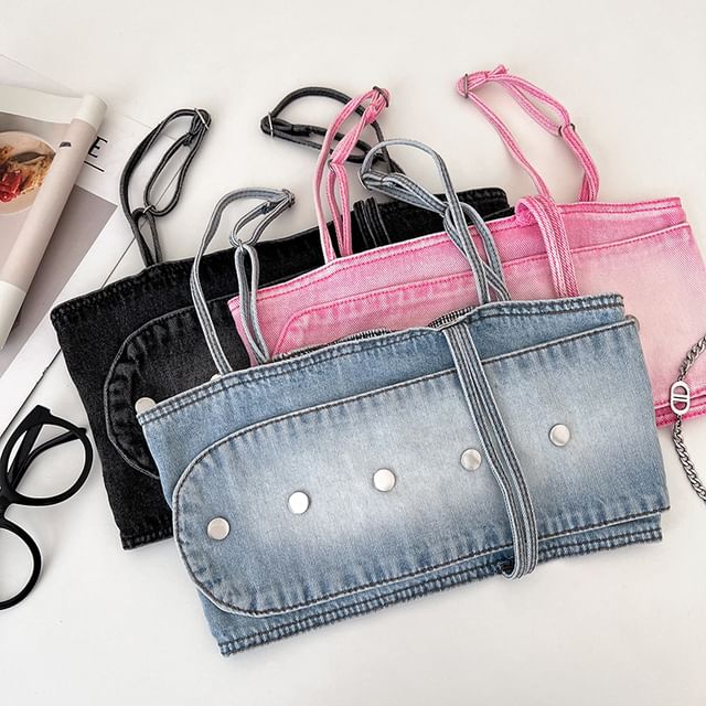 DIYI-Washed Studded Panel Crop Denim Camisole Top