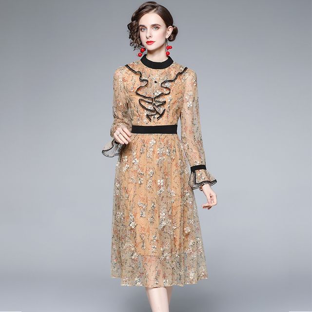 Long-Sleeve Mesh Overlay Dress | YesStyle