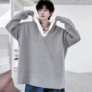 ravewider-Two Tone Hooded Ribbed Oversized Sweater