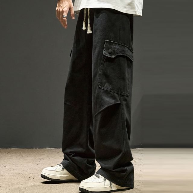 Redsinc-High Waist Plain Wide Leg Cargo Pants