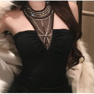 Trendycas-Set Halter Rhinestone Mesh Panel Crop Top Arm Sleeves
