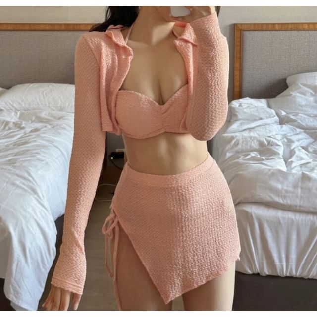 Maisee-Set Plain Bikini Cover Up Top Skirt