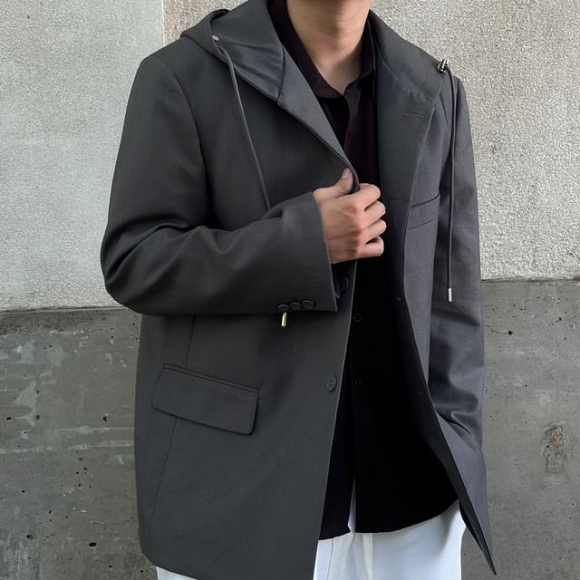 DragonRoad-Plain Hooded Single-Breasted Blazer