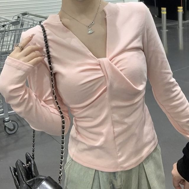 Cloud Nine-V-Neck Long-Sleeve Plain Ruched Top