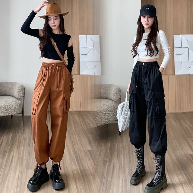 Sienne-High Waist Plain Harem Cargo Pants