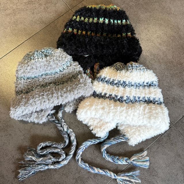 TAAK-Striped Fluffy Bonnet Hat