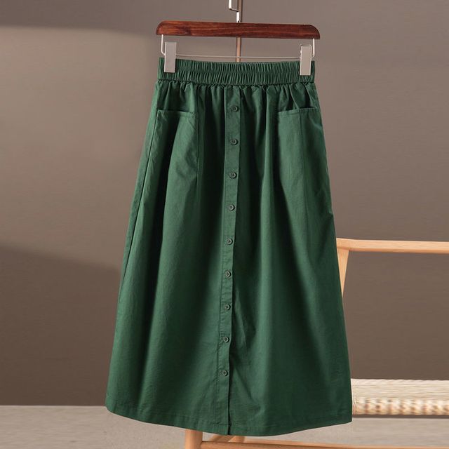 Lewwe-Elastic Waist Plain Button-Up Midi A-Line Skirt