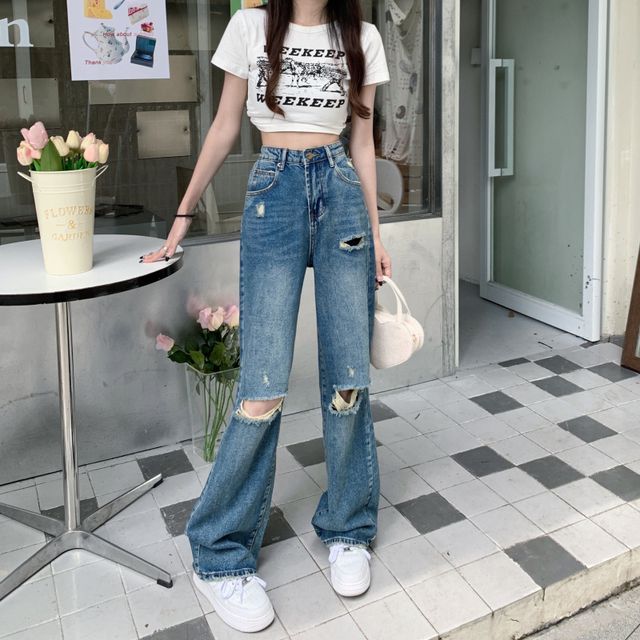 Mid Waist Ripped Rhinestone Chain Accent Loose Fit Jeans