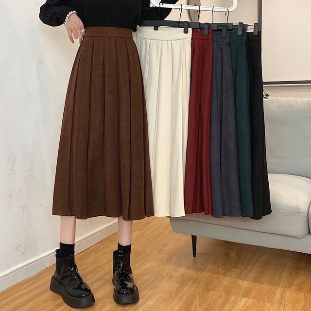 Dute - High-Waist Pleated Midi A-Line Skirt | YesStyle