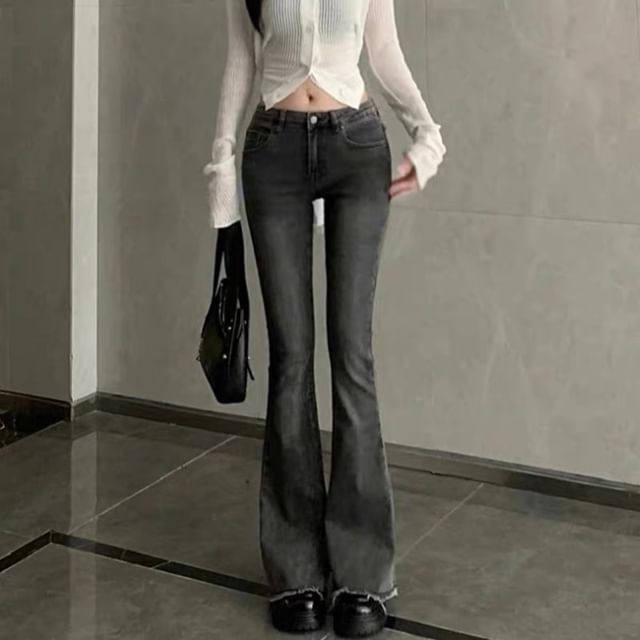 Wildfoea-Low Rise Frayed Washed Bootcut Jeans