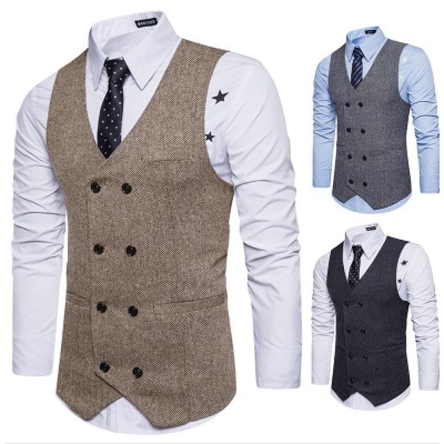Aozora-V-Neck Herringbone Double Breasted Vest