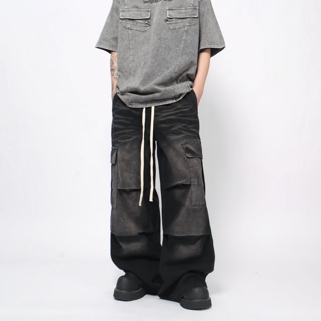 Derbundy-Drawstring Waist Washed Wide Leg Cargo Jeans
