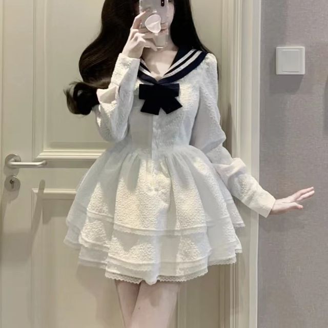 WOW!NITE - Long-Sleeve Sailor-Collar Lace Trim Mini A-Line