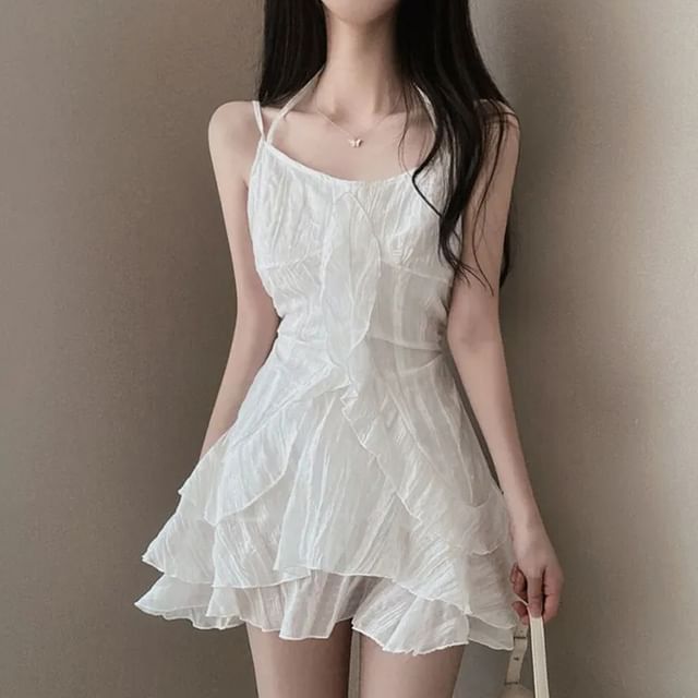 Janerium-Spaghetti Strap Scoop Neck Plain Ruffle Trim Mini A-Line Dress