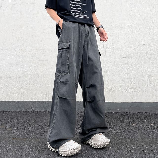 Trimecca-Drawstring Waist Washed Wide Leg Cargo Pants