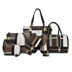 BAGSHOW - Set of 6:  Colour Block Faux Leather Tote Bag + Handbag + Crossbody Bag + Clutch + Pouch  + Coin Purse