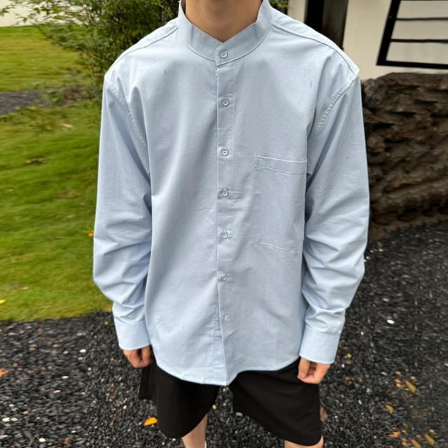 DragonRoad-Long-Sleeve Stand Collar Plain Button-Up Shirt