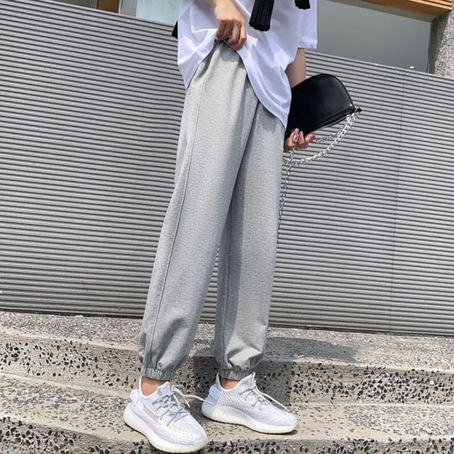 Wildfoea-High Waist Plain Cropped Harem Pants