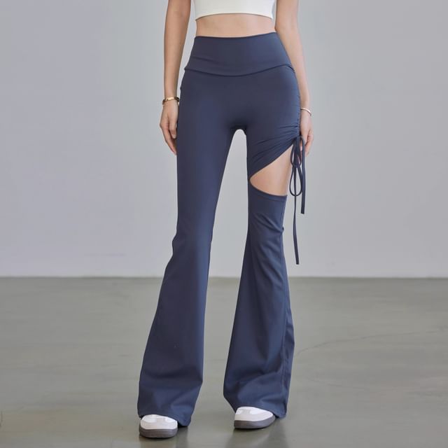 femmal-High Waist Plain Cutout Drawstring Flared Yoga Pants