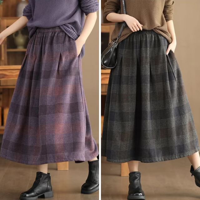 Supernova-Elastic Waist Plaid Midi A-Line Skirt