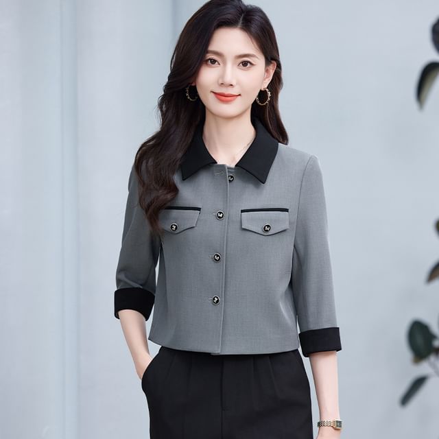 Skyheart-34-Sleeve Collared Contrast Trim Button-Up Crop Jacket Mid Waist Plain Loose Fit Dress Pants Set