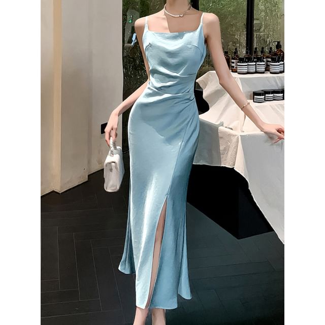 square neck bodycon slit midi dress Simplistic Sophistication Square Neck Bodycon Midi Dress (Off White)