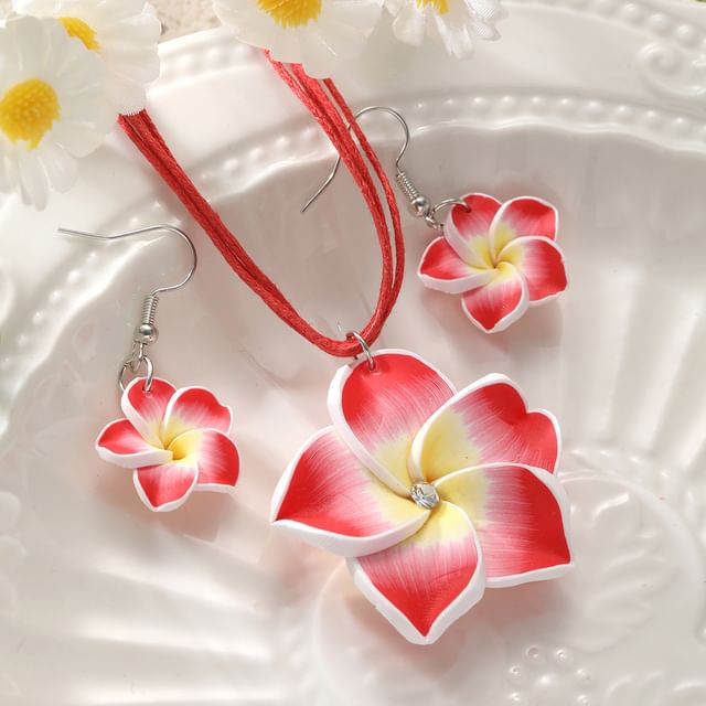 Irenna Set: Flower Drop Earring Pendant String Necklace YesStyle