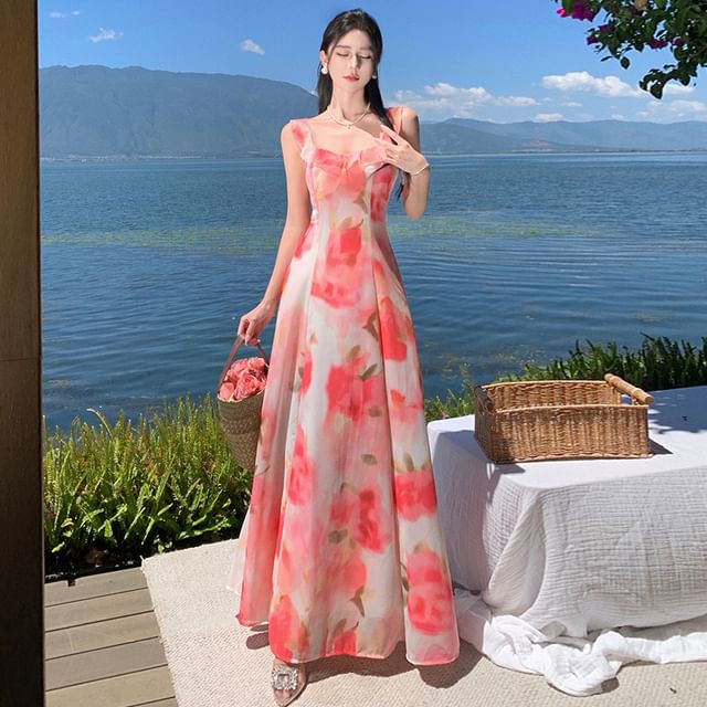 chinese dress ladies Japanese Flower Halter Maxi Dress WASHED-PINK Print / M/44 main image 1
