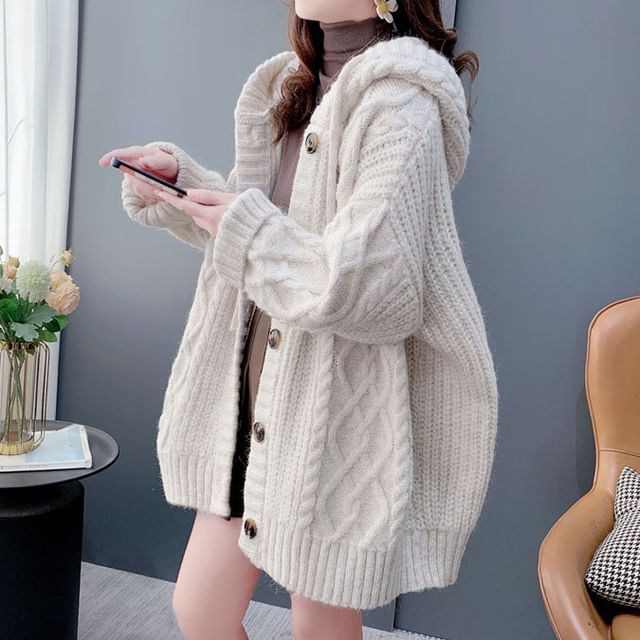 FR-Plain Hooded Cable Knit Cardigan
