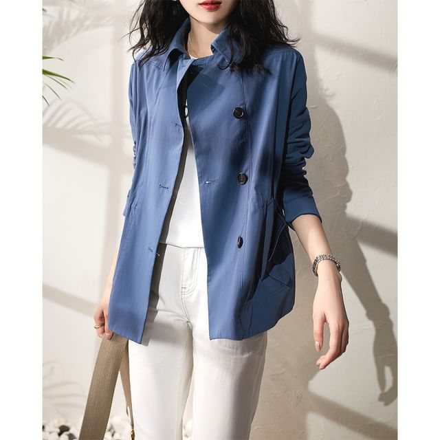 Lewwe-Long Sleeve Lapel Collar Plain Double-Breasted Trench Jacket