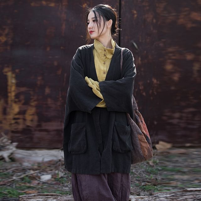 Lewwe-34-Sleeve Plain Open Front Ramie Jacket