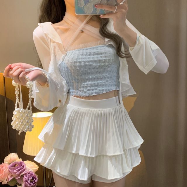 Ukiyo-Mesh Trim Camisole Top Ruffled Light Jacket