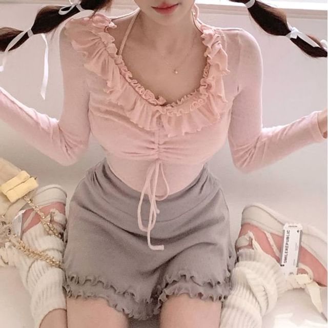 CTHY DRAWSTRING LONG SLEEVE CUTSEW Drawstring Button Up Long