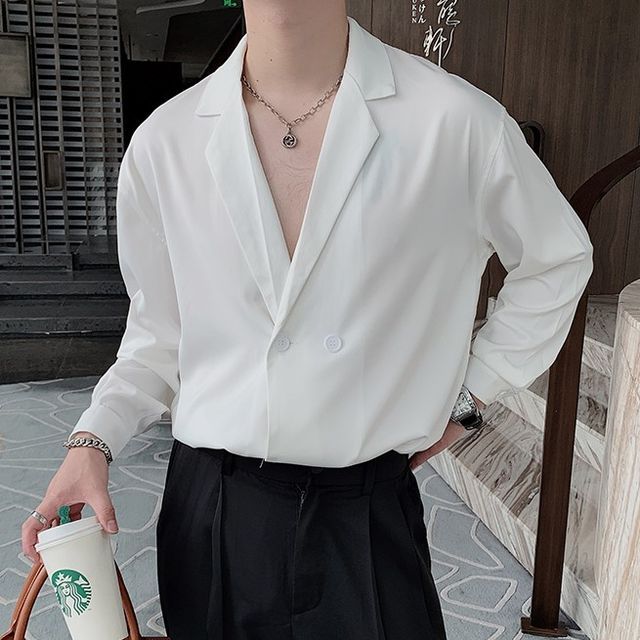 VEAZ-Long-Sleeve Collared Plain Shirt