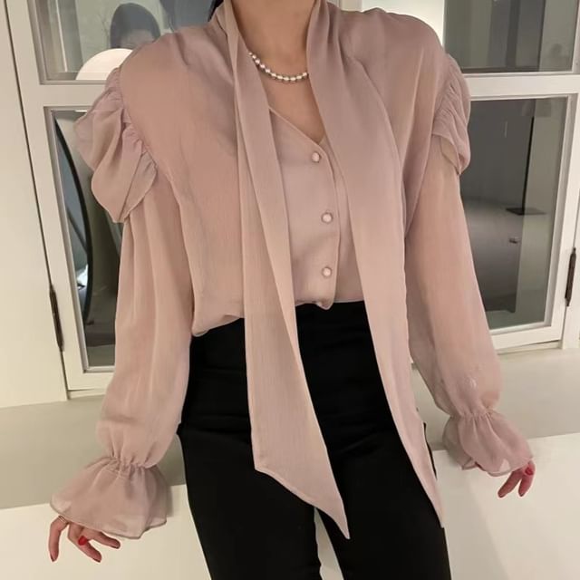 Coris-Long-Sleeve V-Neck Button-Up Plain Blouse
