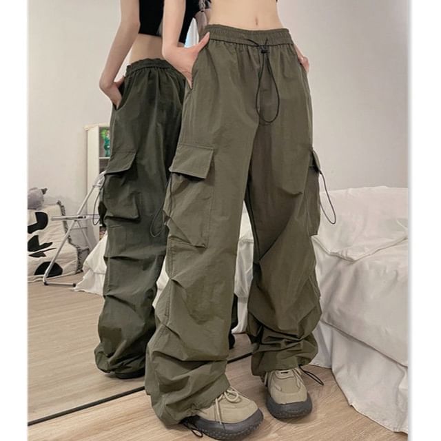 Sisyphi-Drawstring Waist Plain Ruched Baggy Cargo Pants
