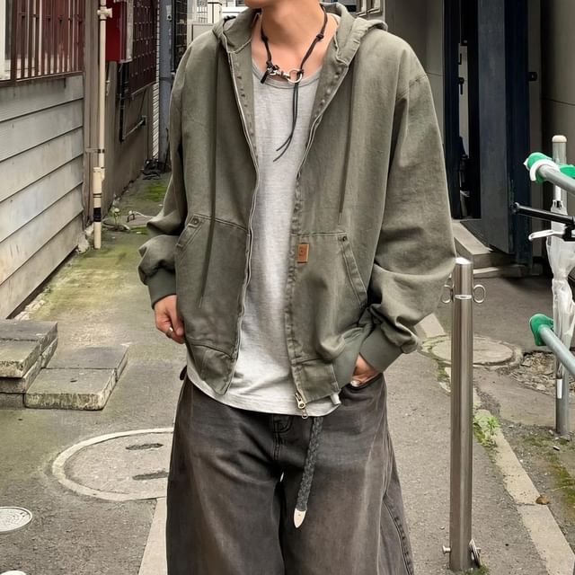 Okwano-Plain Washed Hood Zip Jacket