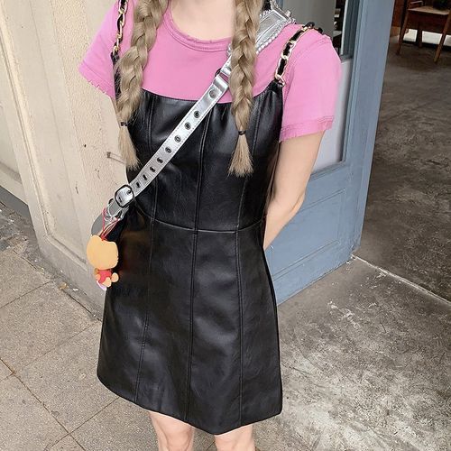 slim fit dress slacks Girls Ruffle Sleeve Faux Leather Pinafore Dress in Black main image 1